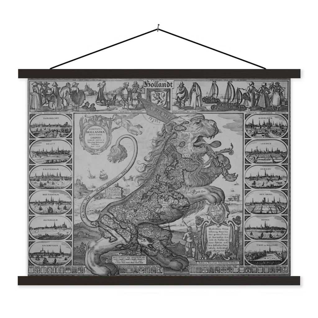 MuchoWow Textilposter Schwarz-weiße Karte der Niederlande in Form eines Löwen 150x113 cm mit schwarzem Rahmen - Wohnzimmer