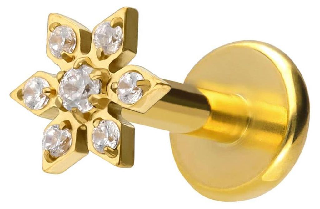 Ohrpiercing, Nasenpiercing Titan Labret mit Push Fit KRISTALLBLUME Gold Stablänge: 7mm | Stabstärke: 1,2mm
