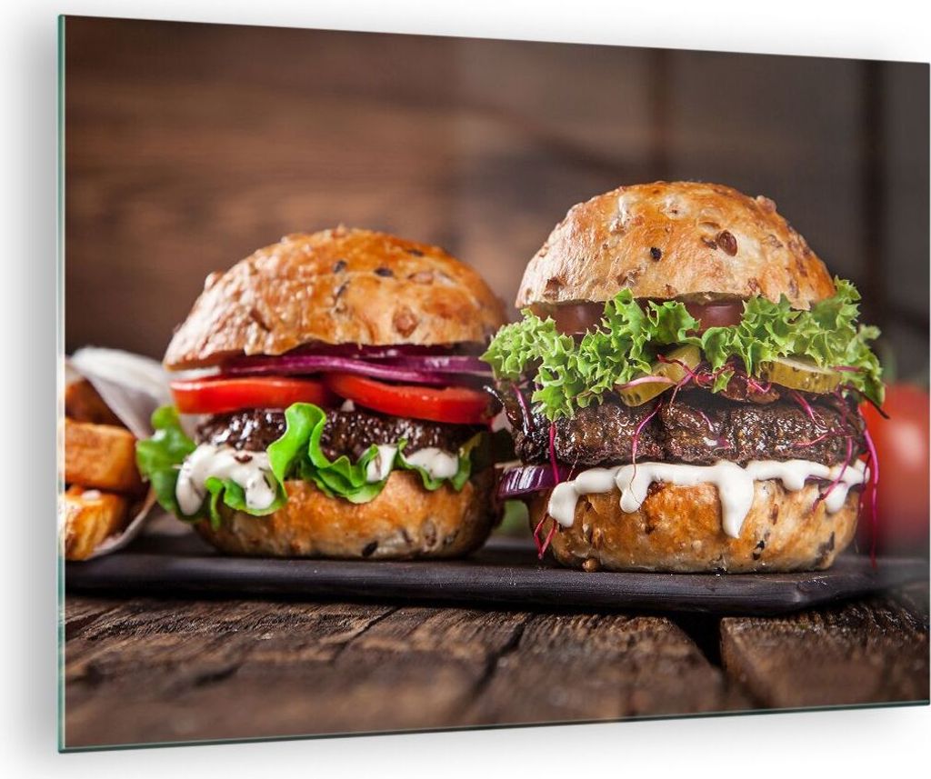 Bilder auf glas - Amerikaner Hamburger Essen Barbecue - 70x50cm - Glasbilder - Wandbilder - Kunstdruck - Wanddekoration aus Glas - Glas Bilder - Wa...