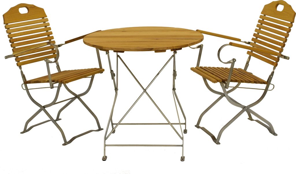 DEGAMO Bistroset Sitzgruppe Gartenset im Kurgartendesign BAD TÖLZ 3-teilig, Flachstahl verzinkt + Holz Robinie, klappbar