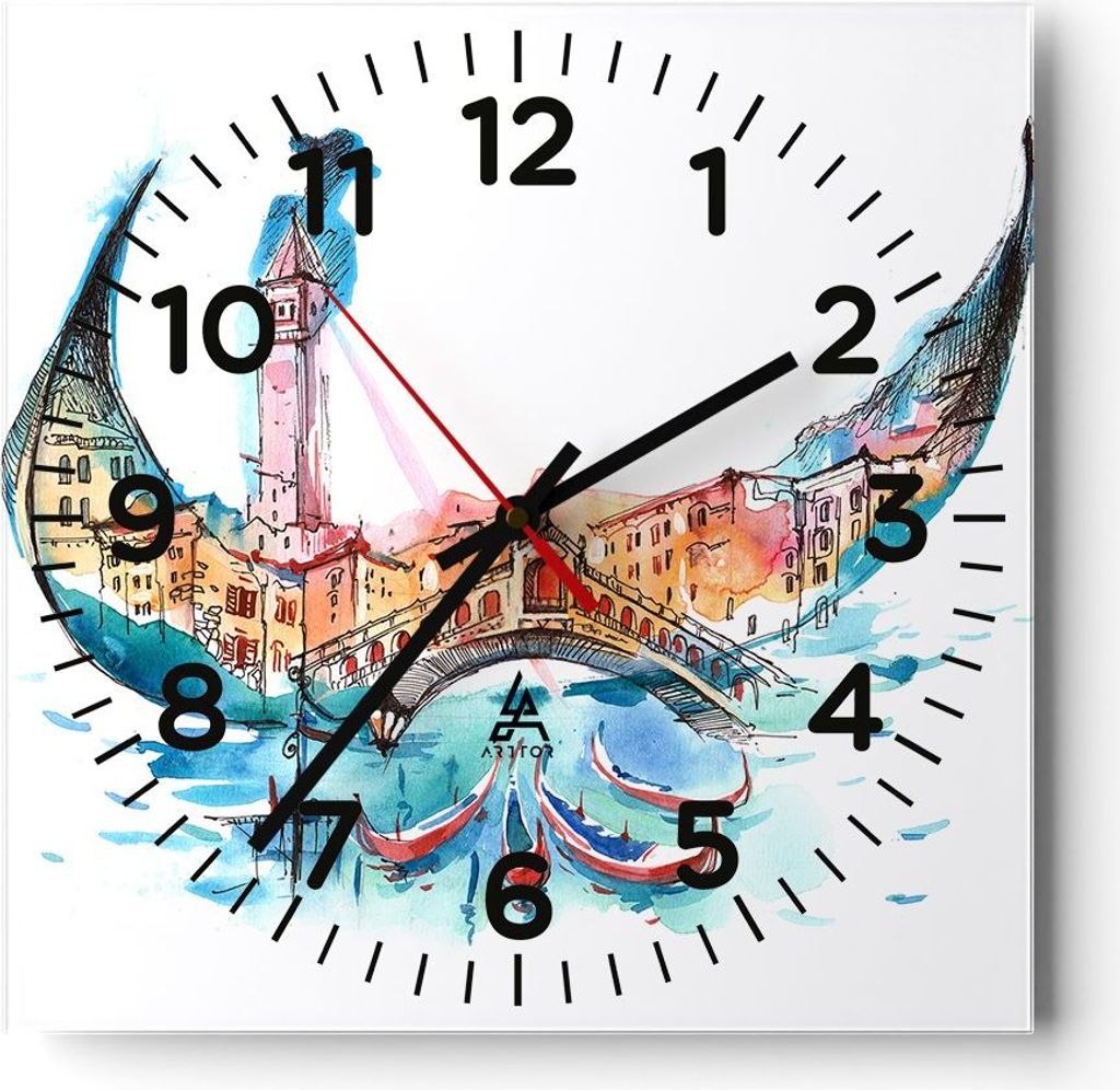 Wanduhr - Quadrat - Glasuhr - Gondel Gondoliere illustration Kultur - 40x40cm - Schleichendes Uhrwerk - Lautlos - zum Aufhängen bereit - Dekoratio...