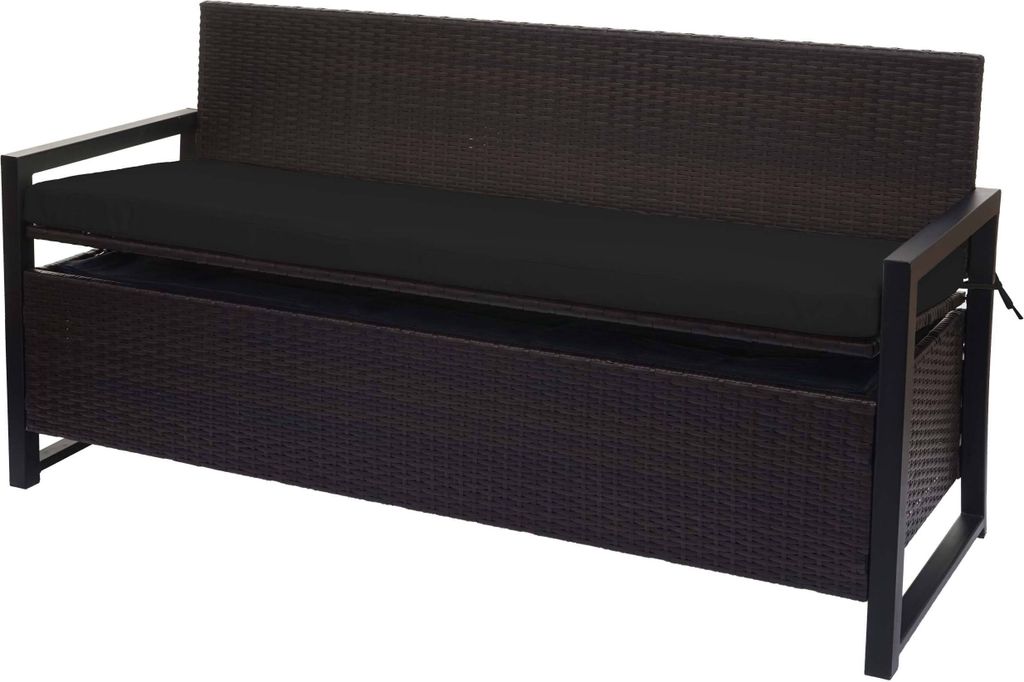 A brown poly-rattan bench with a black cushion and a storage compartment underneath, shown against a white background.