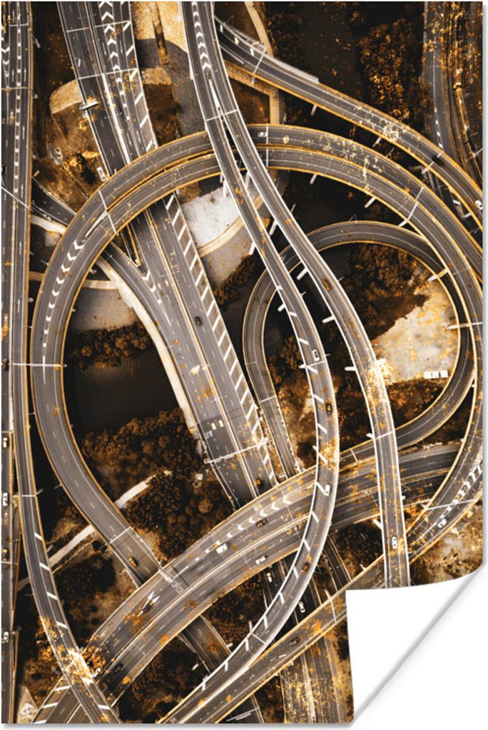 MuchoWow Poster Autobahn - Gold - Autos 20x30 cm - Papierdruck