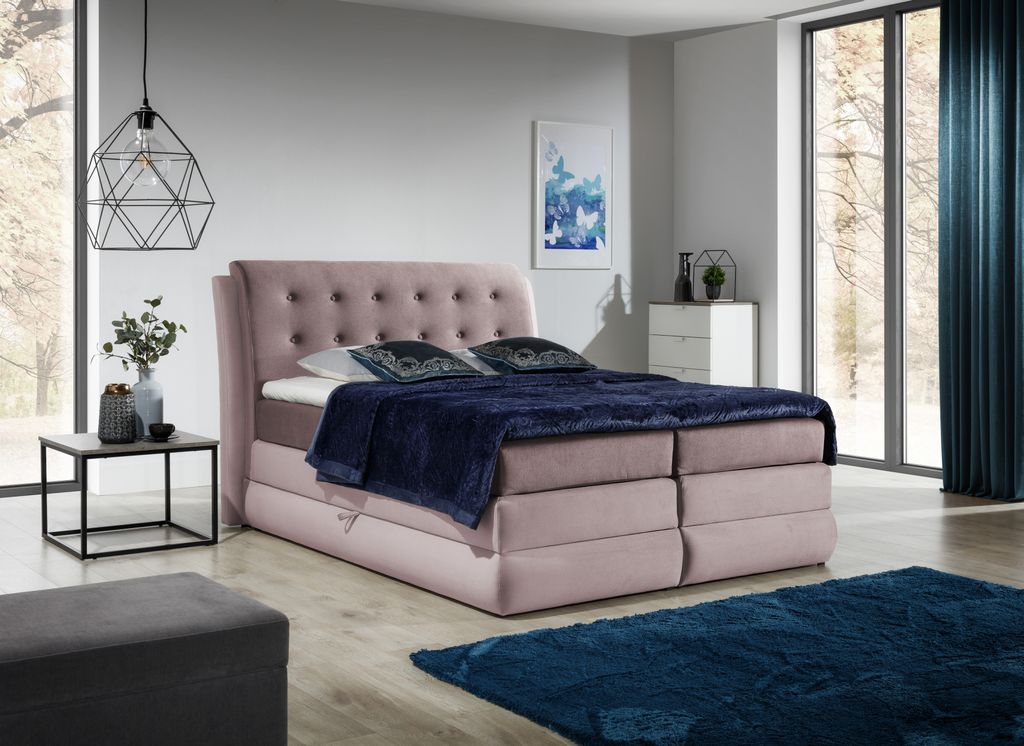 Bett Boxspringbett AGA mit Pocket-Matratze , Bonell-Matratze und Topper , Doppelbett mit 2 Bettkästen, H3 ( 180x200 cm , Hellrosa + Rosa - Solar 6...