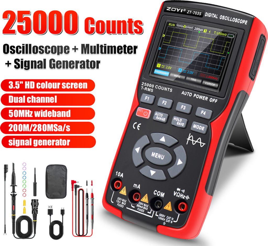 3in1 Digital Multimeter Zweikanal Oszilloskop Signalgenerator, 50 MHz Bandbreite, 280 MS Abtastrate, automatische Wellenformmessung Erkennungsfunktion