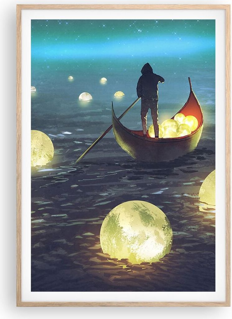 Gerahmtes Poster - Rahmen in heller Eiche - Boot Wasser Märchen - 70x100 cm - Wand Bild - Wanddeko - Wandbilder - Wandposter - Bilderrahmen - Bild...