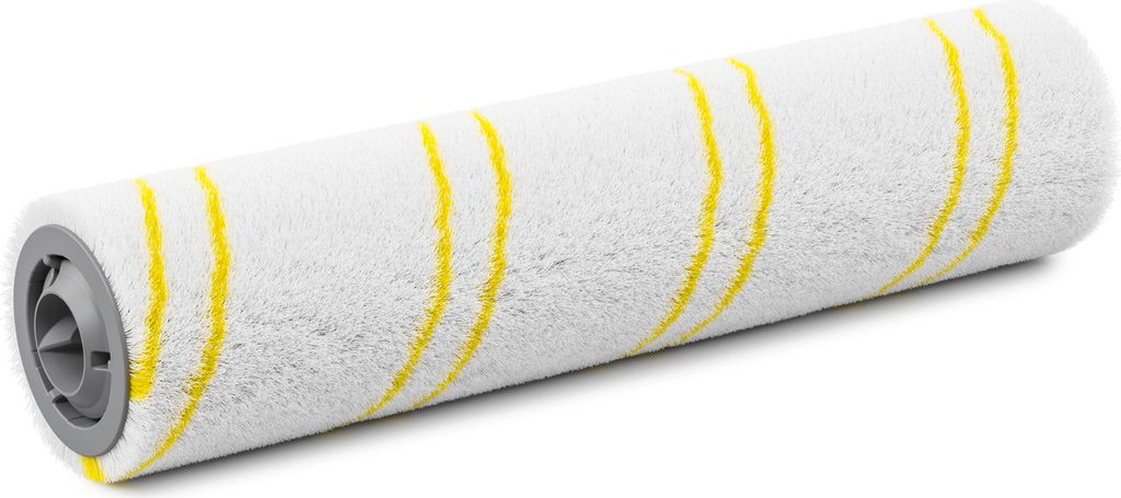 A close-up studio shot of a cleaning roller brush with yellow stripes on a white background.
