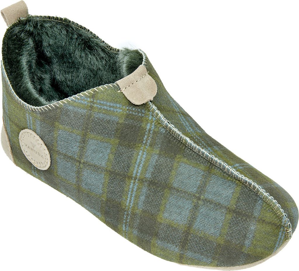 Vanuba - Damen Hausschuhe Oxford Tartan Lammfell Leder Wolle Pantoffeln D022 Grün, Größe 38 EU