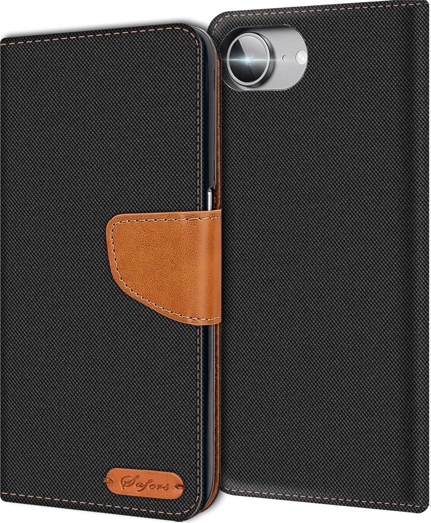 A black flip case for a smartphone, with a brown leather strap and a small brown logo on the front.