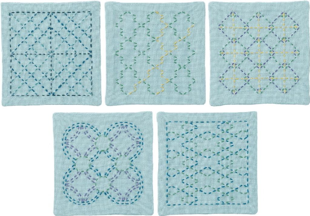 Olympus Sashiko Stickpackung "Untersetzer 5er Set", Stoff bedruckt, 10x10cm, Original aus Japan