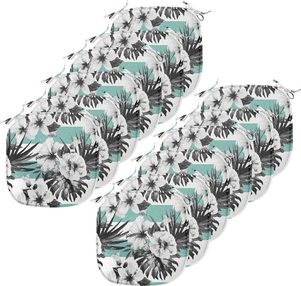 ABAKUHAUS Cuscini decorativi per sedie da sala da pranzo, ibisco esotico su strisce, cuscini decorativi impermeabili con cinturini per sedie da cucina, 40 cm x 40 cm, confezione da 12, grigio bianco verde acqua