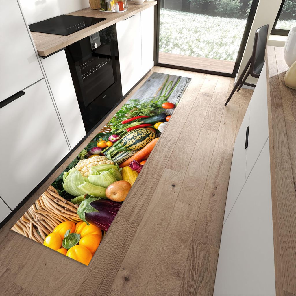 Küchenteppich 60x270cm rutschfest & abwischbar PVC Läufer - Erntekorb Gemüse