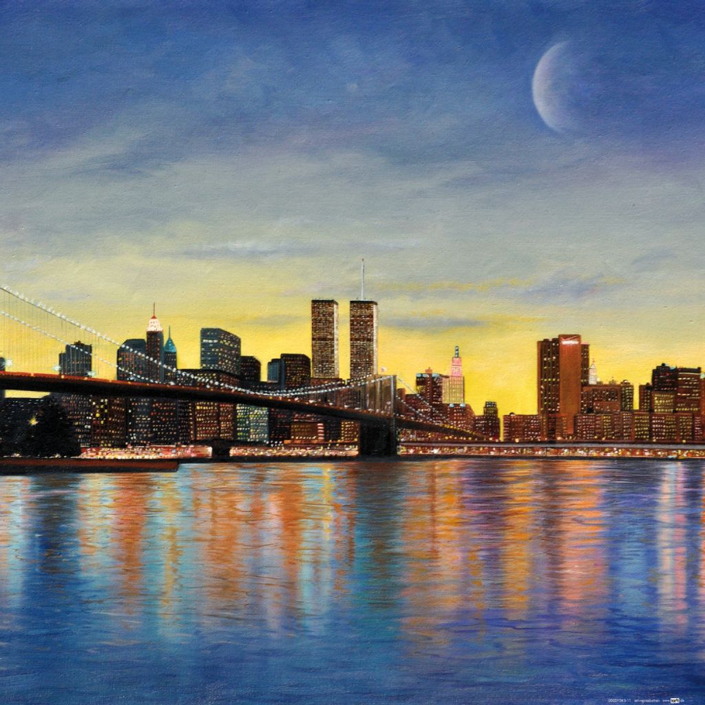 New York Kunstdruck Bild - Brooklyn Bridge Bei Morgenröte Mit Skyline (40 x 40 cm)