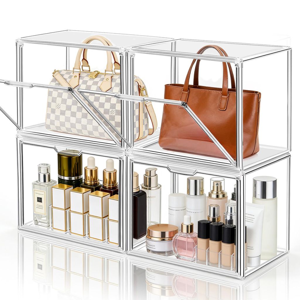 4 Stück Transparente Acryl-Displaybox 36x22x27 cm, Handtaschen Trenner Organizer, Magnettür-Design Aufbewahrungsbox Vitrine für Spielzeug Handta...