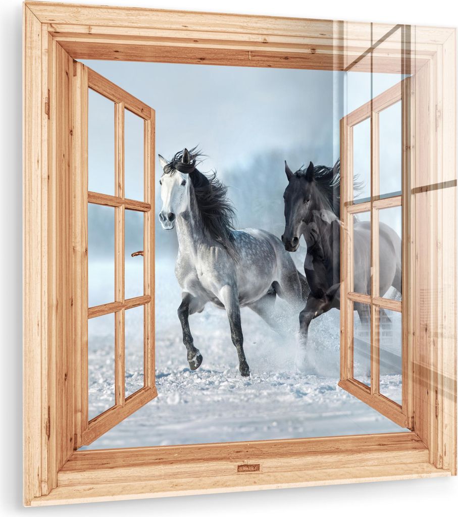 MuchoWow Glasbilder - Bilder auf Wandbild - Foto auf Glas Durchsichtig - Pferde - Winter - Tiere - Natur - Holz 30x30 cm Wanddekoration aus Glas - ...