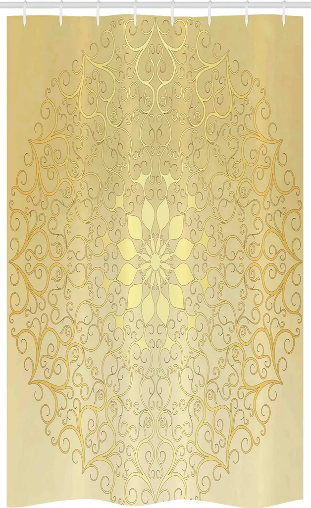 ABAKUHAUS Mandala Tenda da doccia stretta, Cuore antico, Set decorativo per bagno in tessuto con ganci, 120 x 180 cm, Giallo Giallo pallido