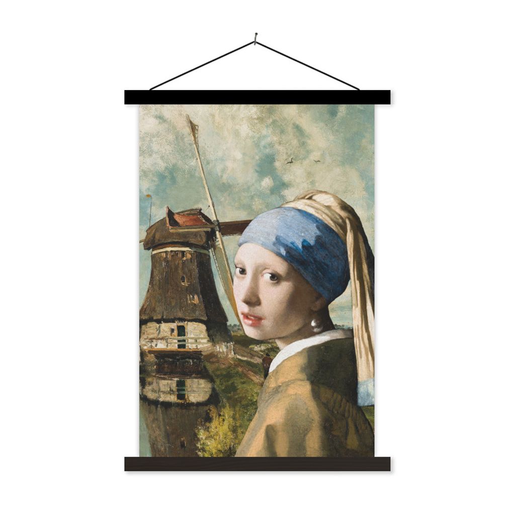 MuchoWow Textilposter Das Mädchen mit dem Perlenohrring - Johannes Vermeer - Mühle 40x60 cm mit schwarzem Rahmen - Wanddekorationen