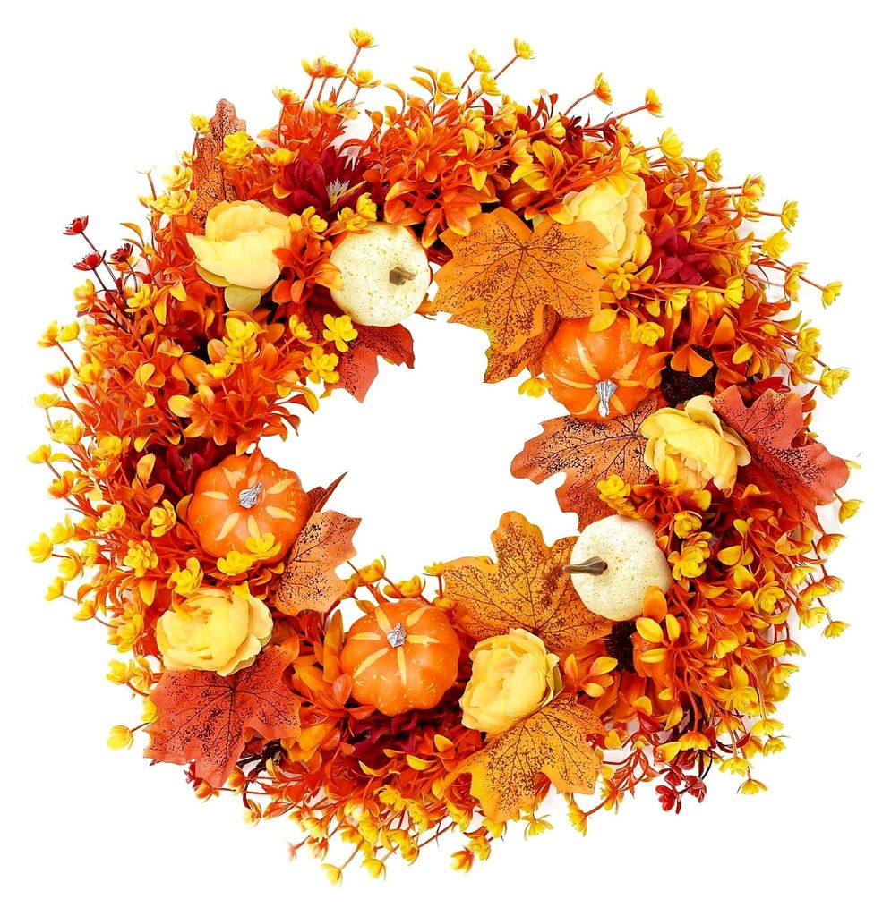 40 cm Künstlicher Herbstkranz für Haustür und Innenbereich, Herbstdeko mit Ahornblättern und Kürbis, Wetterfester Kunststoffkranz für Hallowe...