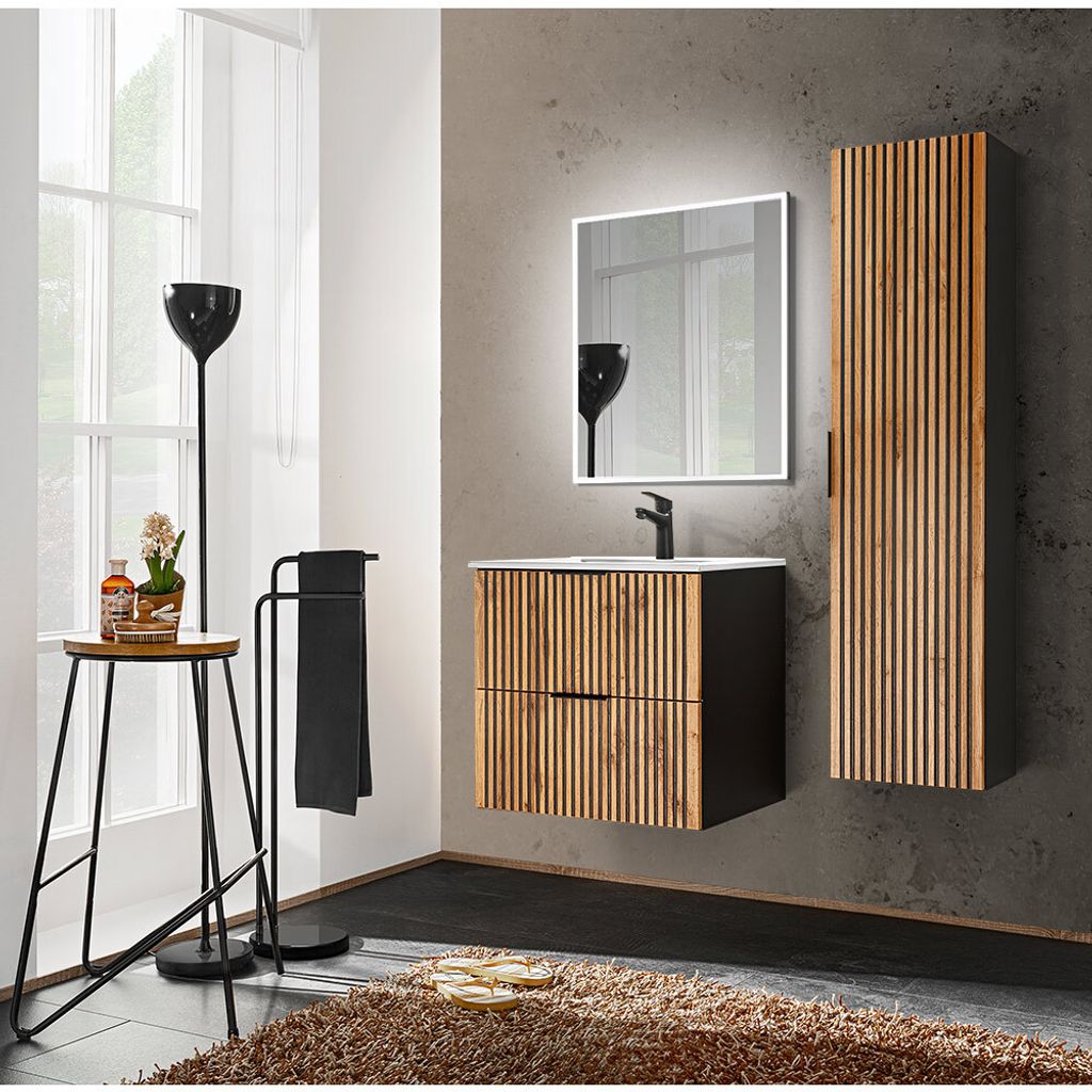 Badmöbel Set Rillen schwarz Waschtisch 61 cm, Hochschrank, LED Spiegel XANTEN-56 in anthrazit mit Eiche Nb. Rillen schwarz, B/H/T: ca. 111/200/46 cm