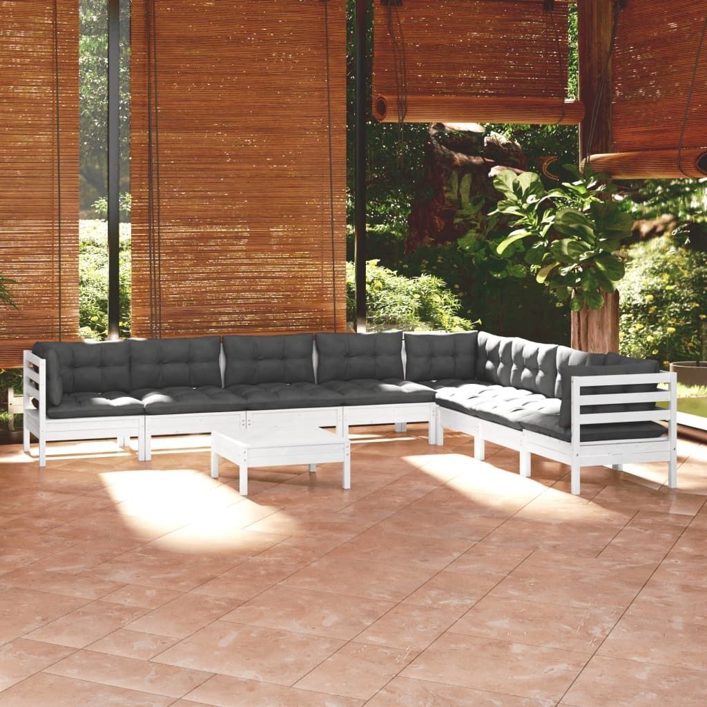 The Living Store 9-tlg. Garten-Lounge-Set mit Kissen Weiß Kiefer Massivholz