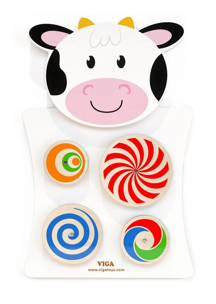 Tableau éveil en bois Viga Montessori Vache avec engrenages tournants