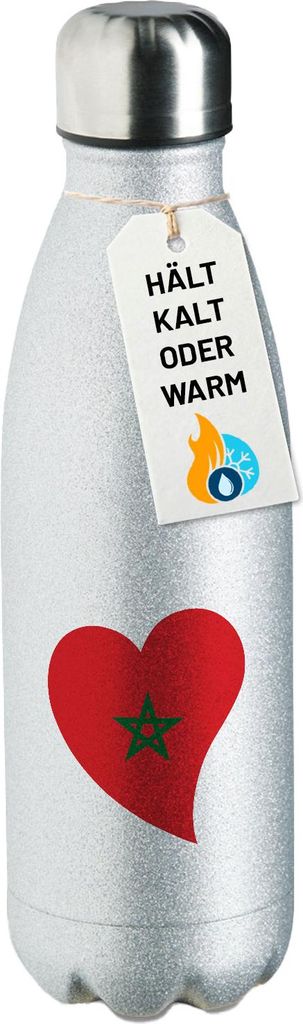Huuraa Trinkflasche Marokko Flagge Herz 500ml Silver Edelstahl Wasserflasche Trinkflasche Geschenkidee