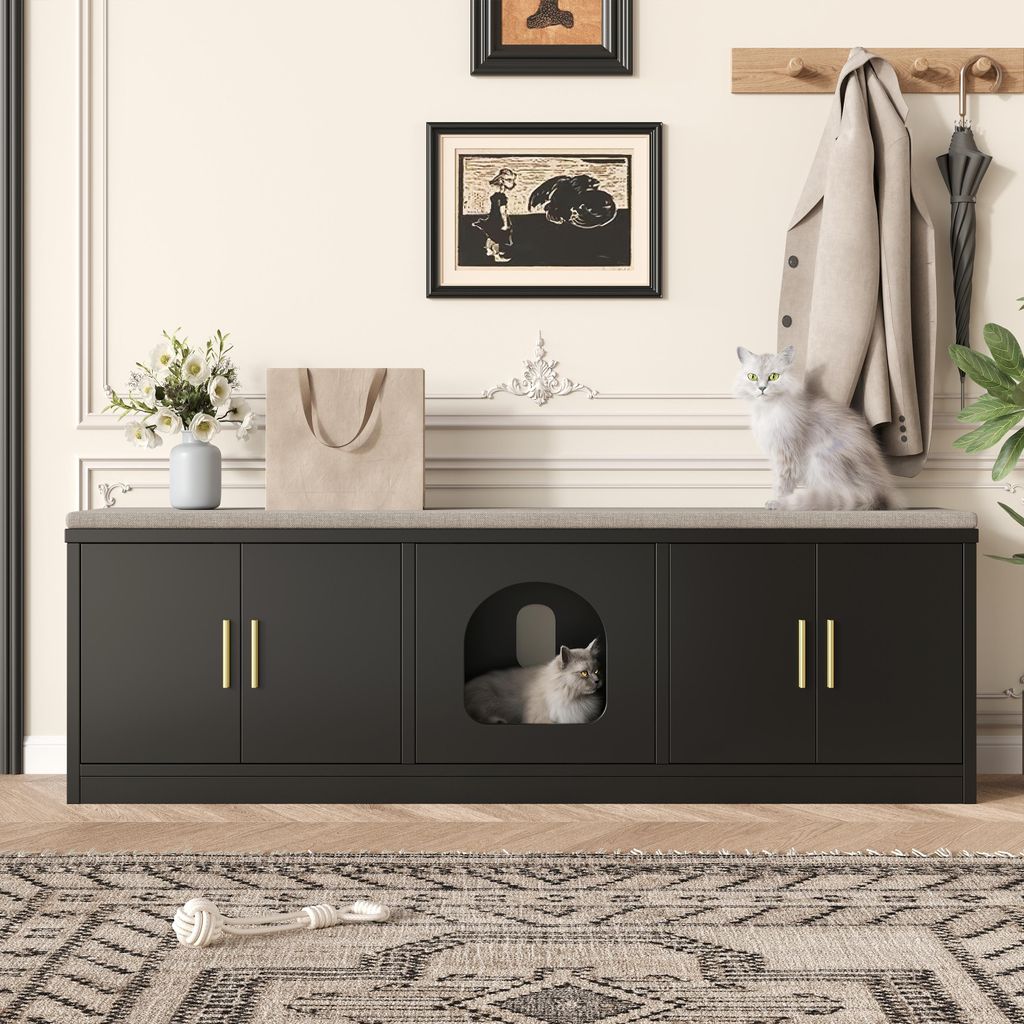 Merax Versteckter Katzenschrank, Katzentoilette Schrank mit Schuhschrank, Katzenhöhle, Katzenkrallen-Pad, für Flur, Belüftung, Schwarz