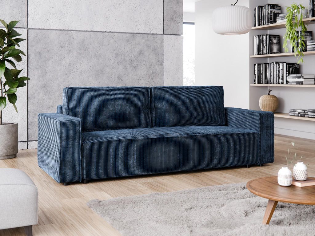 Schlafsofa mit Schlaffunktion DL und Bettkasten 200x140 Cord Poso Marineblau BRIK Sofa 3-Sitzer