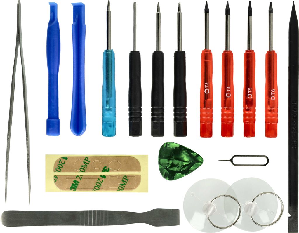 A collection of electronic repair tools laid out on a white background.