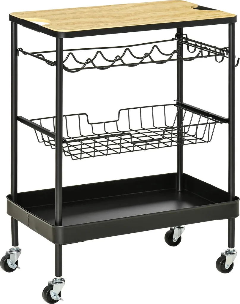 Chariot de cuisine noir 60,5x35,5x75 cm avec porte-bouteilles et panier