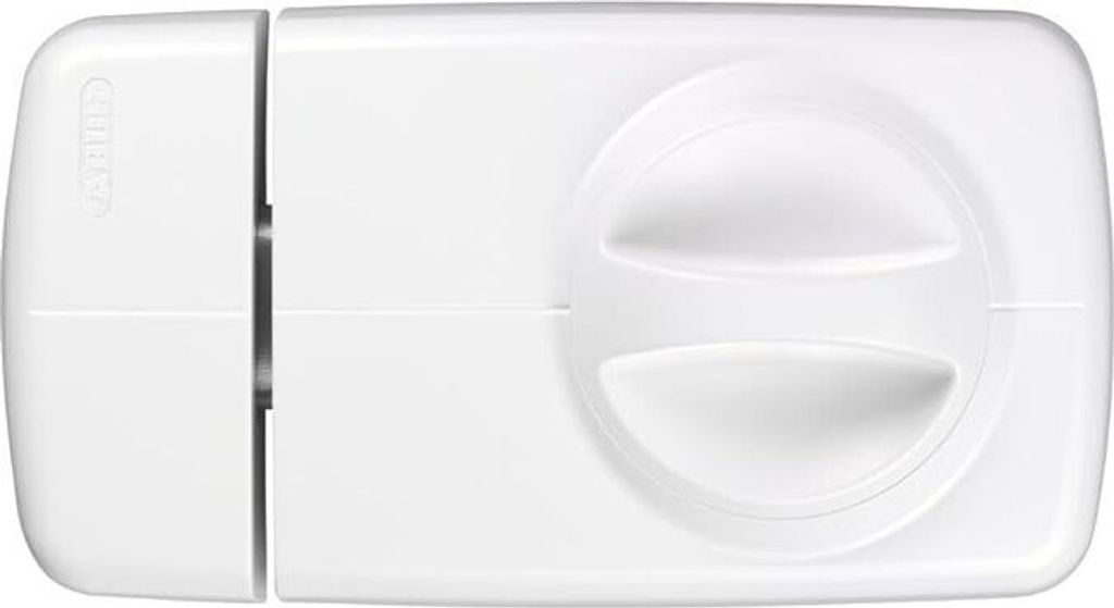 A white door lock with a rotary knob.