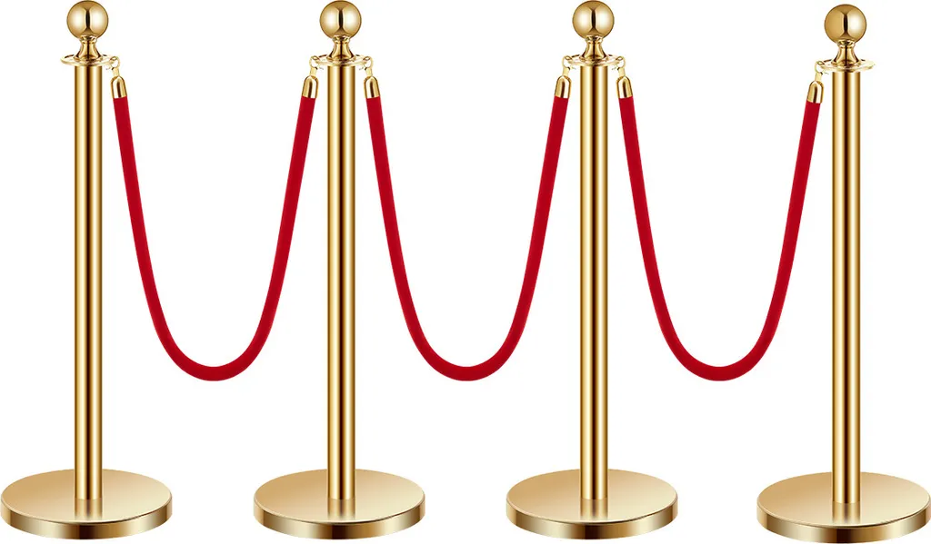 Poteau de Balisage File d'Attente Doré et Corde Rouge 1,5m Pack de 4