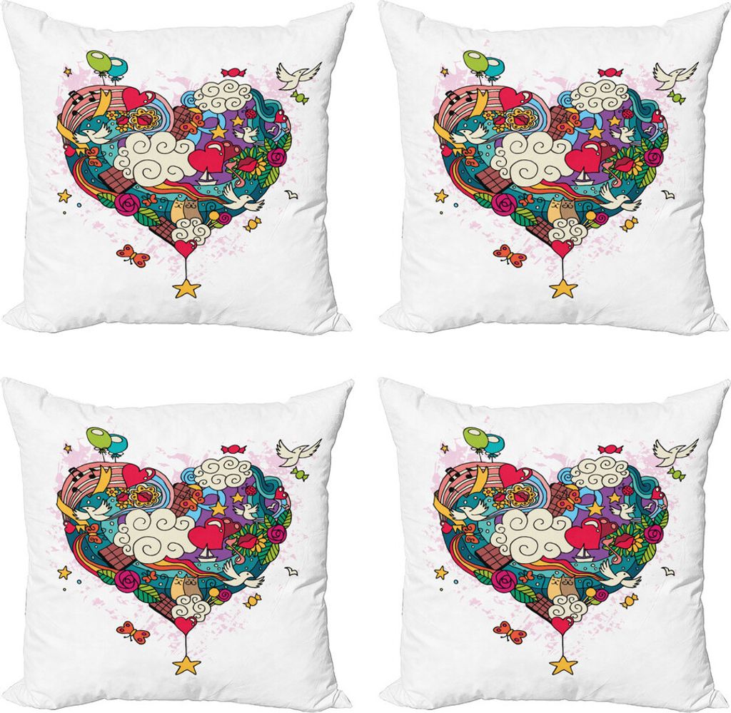 ABAKUHAUS Liebe Kissenbezug Set (4 Stück), Liebe-Gekritzel-Herzen, Moderner Doppelseitiger Digitaldruck, 60 cm x 60 cm, Mehrfarbig
