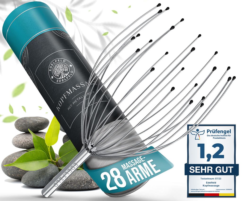EDELFELD Kopfmassage Spinne mit 28 Fingern - Angenehmes Kopfmassagegerät mit Auslegern auf 2 Ebenen - Eleganter Kopfkrauler mit Wohlfühl-Noppen
