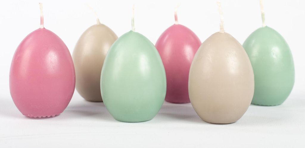 INNA-Glas Ostereier Kerzen LEONITA, 6 Stück, altrosa-grau-minze, 6cm, 4,5cm, 7h - Germany - Deko Kerzen