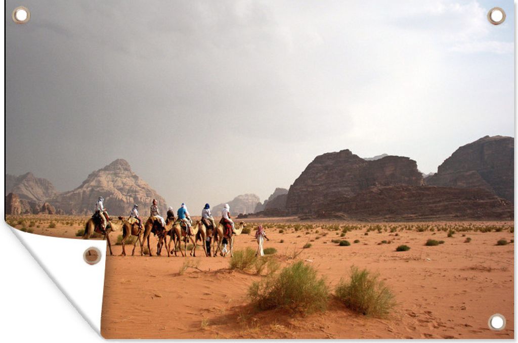 MuchoWow 60x40 cm Outdoor-Poster Gartendeko Sichtschutz Garten Poster für den Garten Kameltrekking in der roten Wüste von Wadi Rum in Jordanien