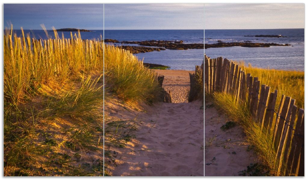 Wallario Herdabdeckplatte aus Glas, Größe 90 x 52 cm 3-teilig, Motiv Weg durch die Dünen zum Meer an der Küste