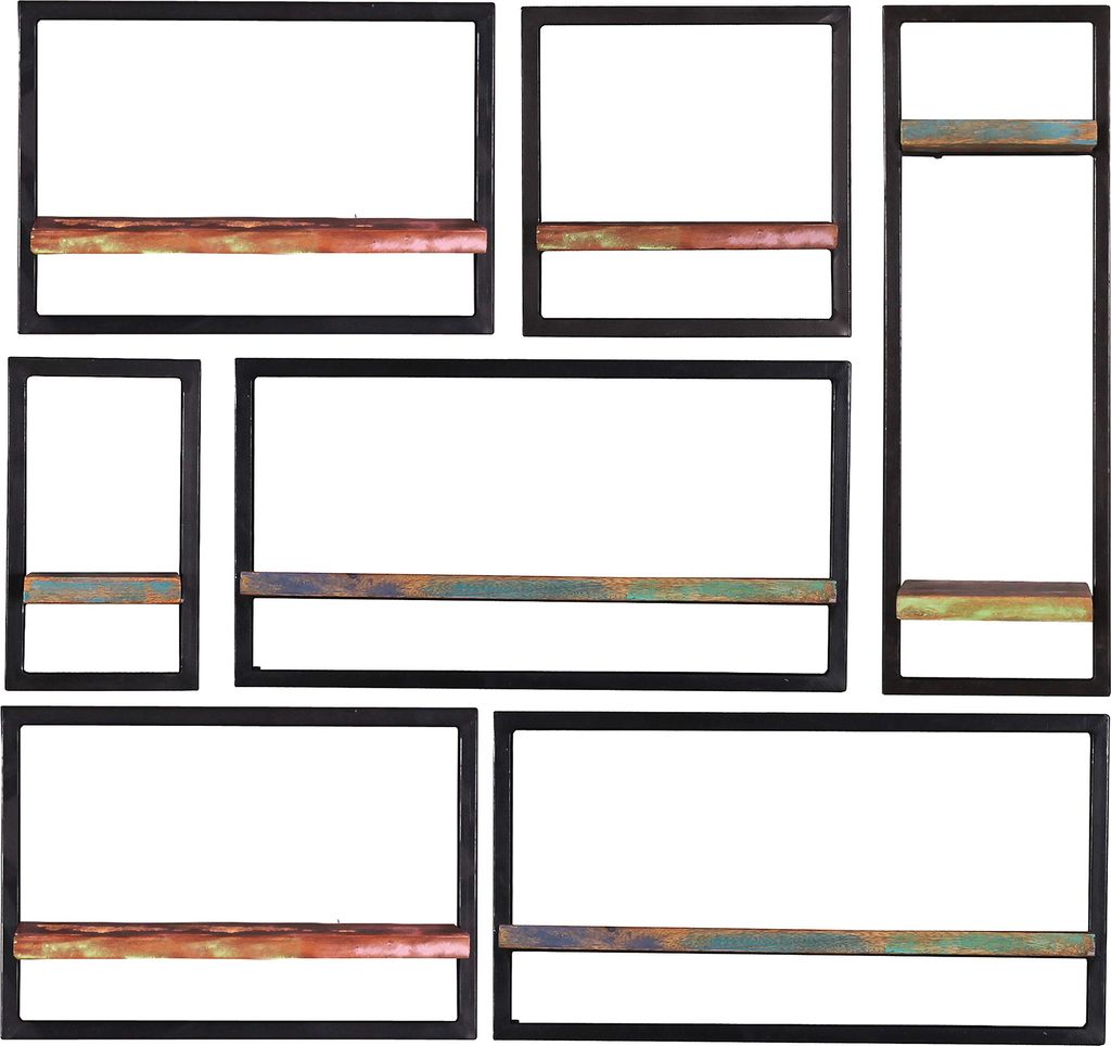 SIT Möbel Wand-Regal-Set | 7-tlg. | Böden Altholz lackiert bunt | Rahmen Metall schwarz | B 120 x T 25 x H 115 cm | 09101-05 | Serie RIVERBOAT