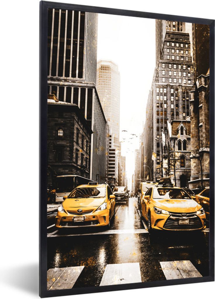 MuchoWow MuchoWow Gerahmtes Poster Gold - Taxis - New York 60x90 cm - Poster mit zchwarzem Bilderrahmen - Kunst