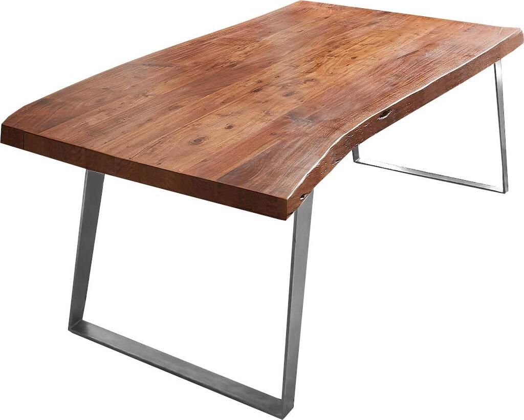 Esszimmertisch 200x100 cm Halmstad, Baumkantentisch nussbaumfarben, Akazienholz massiv, schräges U-Gestell aus Metall Silber