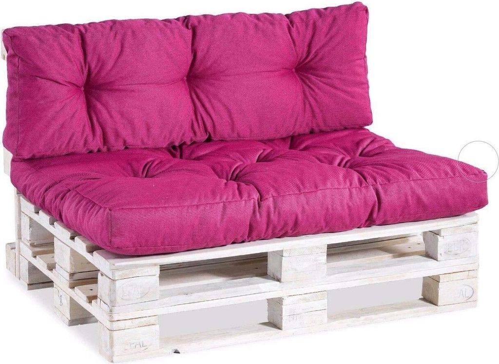 A pink tufted cushion set on a white wooden pallet base, presented against a white background.