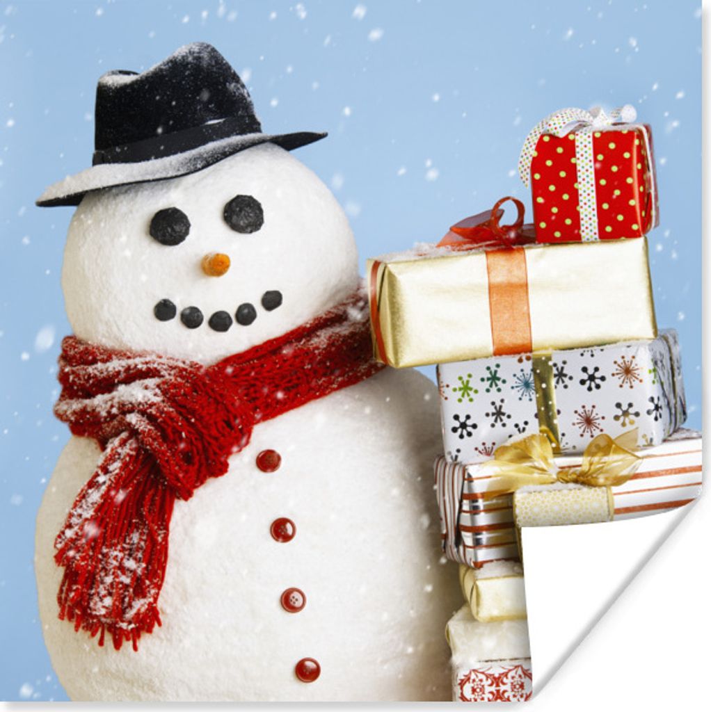 MuchoWow Poster Ein Schneemann mit Weihnachtsgeschenken 100x100 cm - Babyzimmer