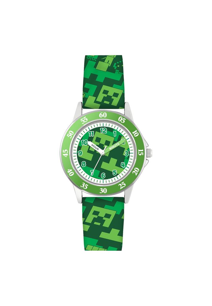 A close-up studio shot of a children's watch with a Minecraft theme.