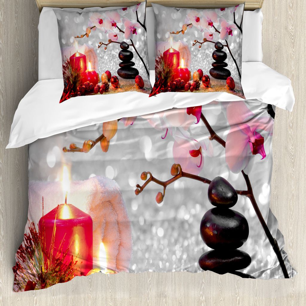 ABAKUHAUS Spa Bettbezug, Winter Orchid Stein, Milbensicher Allergiker geeignet mit Kissenbezügen, 155 cm x 220 cm - 80 x 80 cm, Weiß-Schwarz-Rosa