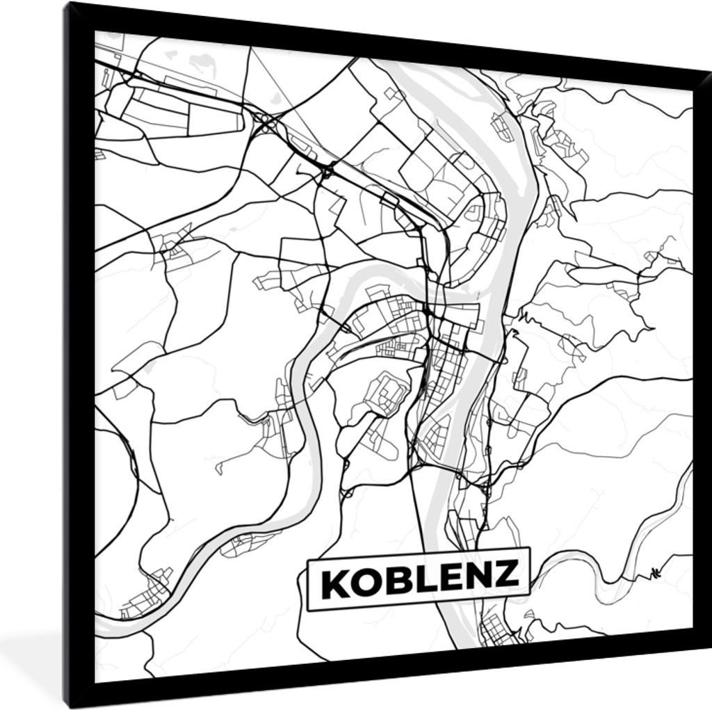 MuchoWow Gerahmtes Poster Karte - Koblenz - Stadtplan - Wegbeschreibung 40x40 cm - Poster mit Schwarzem Bilderrahmen Wandposter Rahmen Foto Bilde...