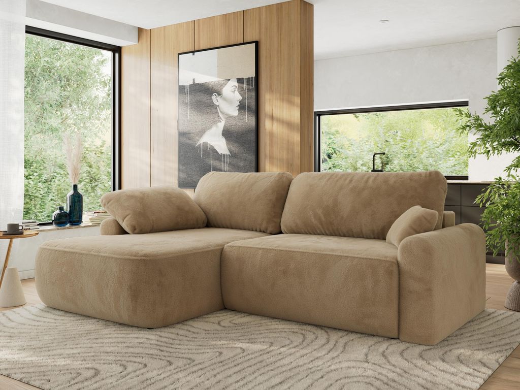 MKS MEBLE Ecksofa CUBO L-form, lose Kissen, Ecksofa 273x187x100 cm mit Schlaffunktion, Bettkasten - Beige Plüsch - Links Seite