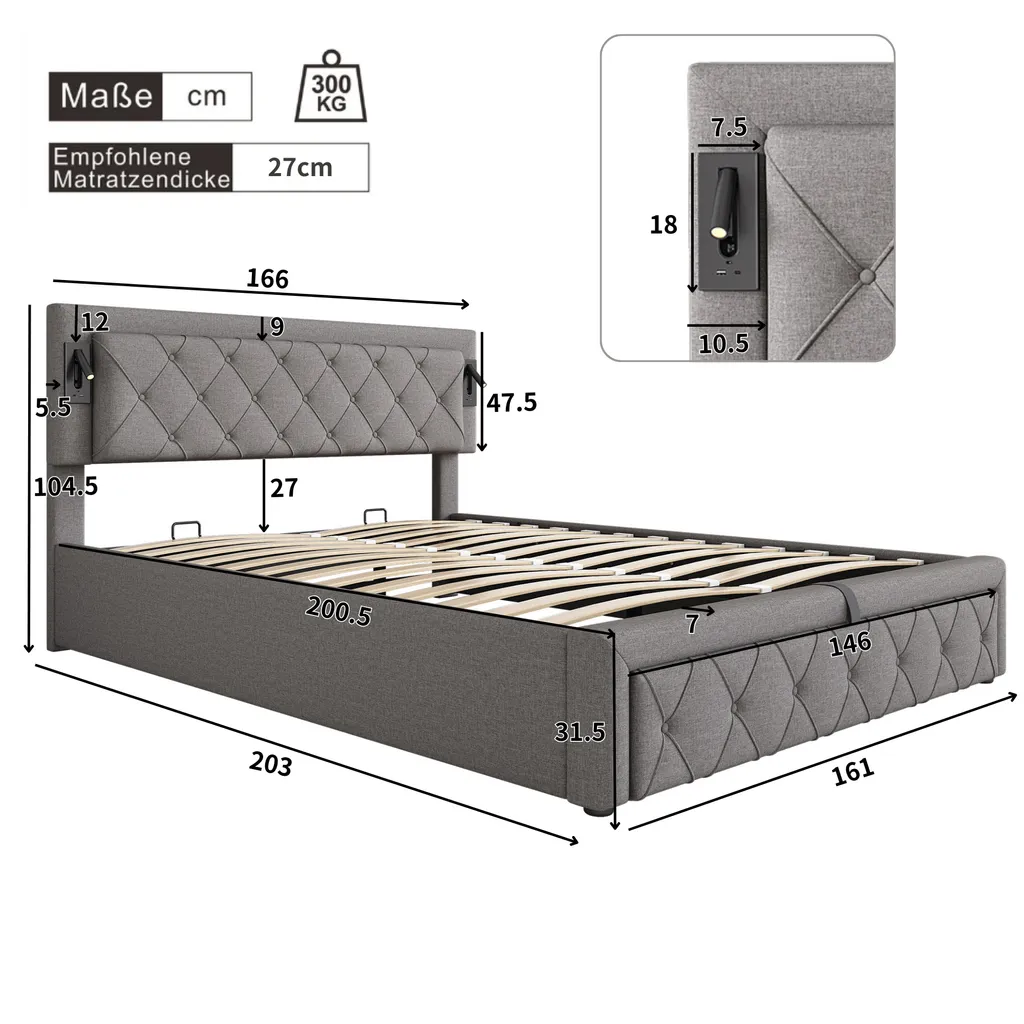 Lit ado 160x200 cm avec rangement hydraulique et chargeur USB intégré gris