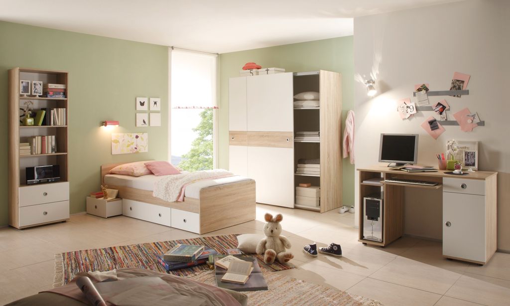 Jugendzimmer Wiki 4 teilig Komplett Set in Eiche Sonoma Weiß mit Schwebetürenschrank - Kinderzimmer Möbel Teenager Zimmer Jungs und Mädchen