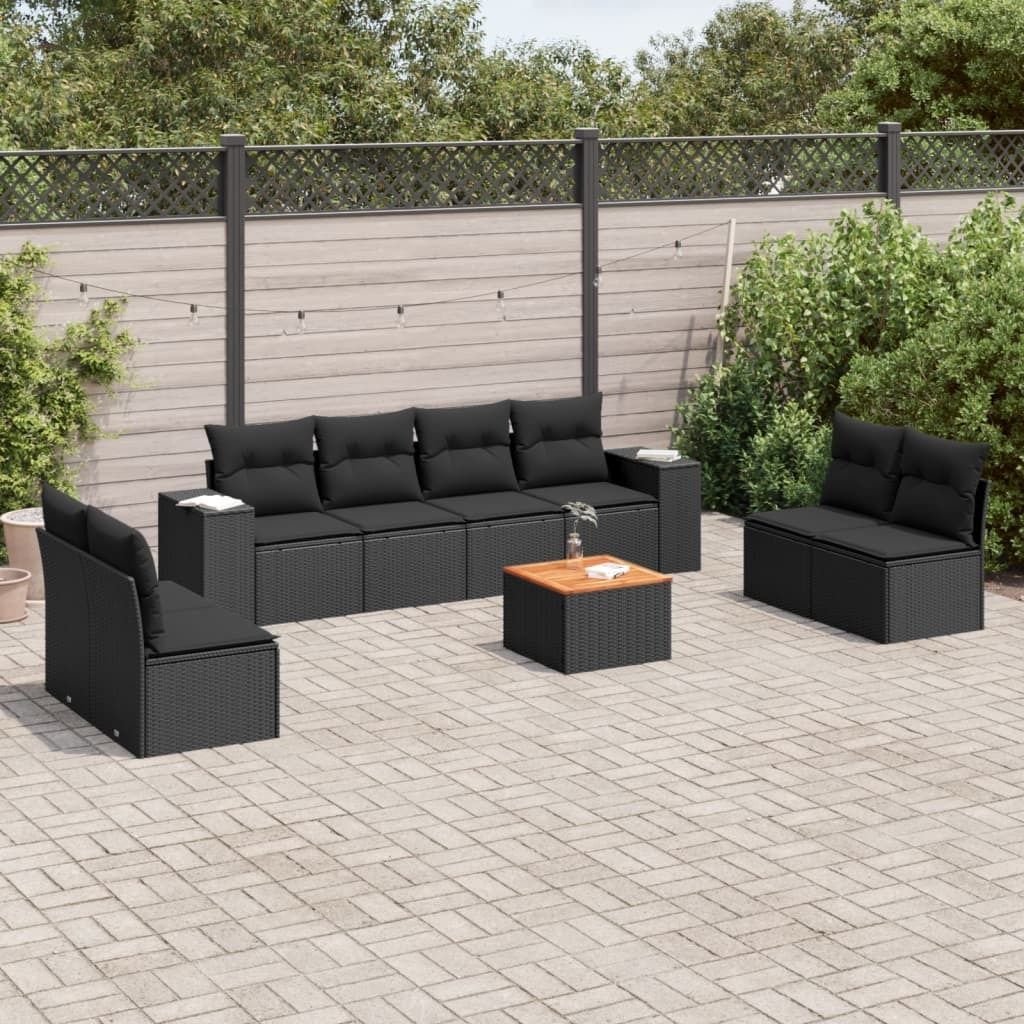 CLORIS 9-tlg. Garten-Sofagarnitur - mit Kissen - Schwarz Poly Rattan - Gartenmöbelgarnituren LL0000257389