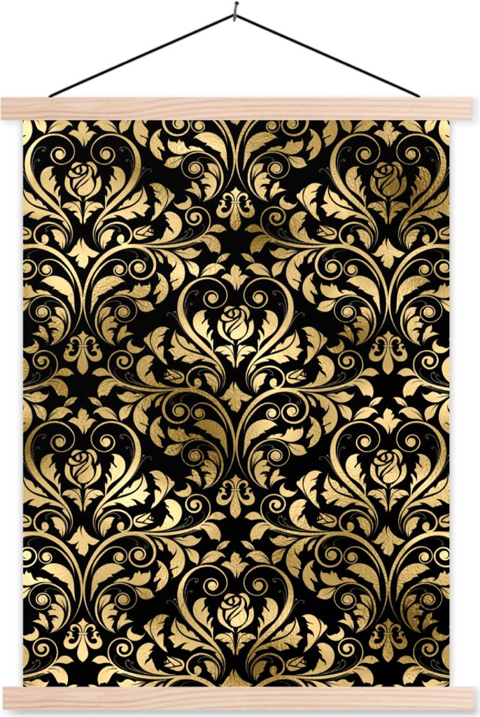 MuchoWow Textilposter Muster - Barock - Gold - Schwarz 40x53 cm mit holzfarbenen Rahmen - Schlafzimmer